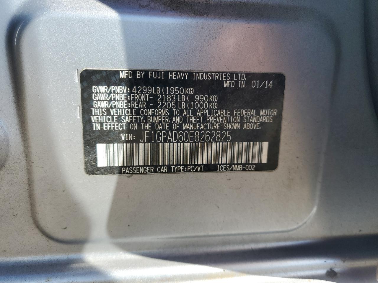 2014 Subaru Impreza Premium VIN: JF1GPAD60E8262825 Lot: 80818065