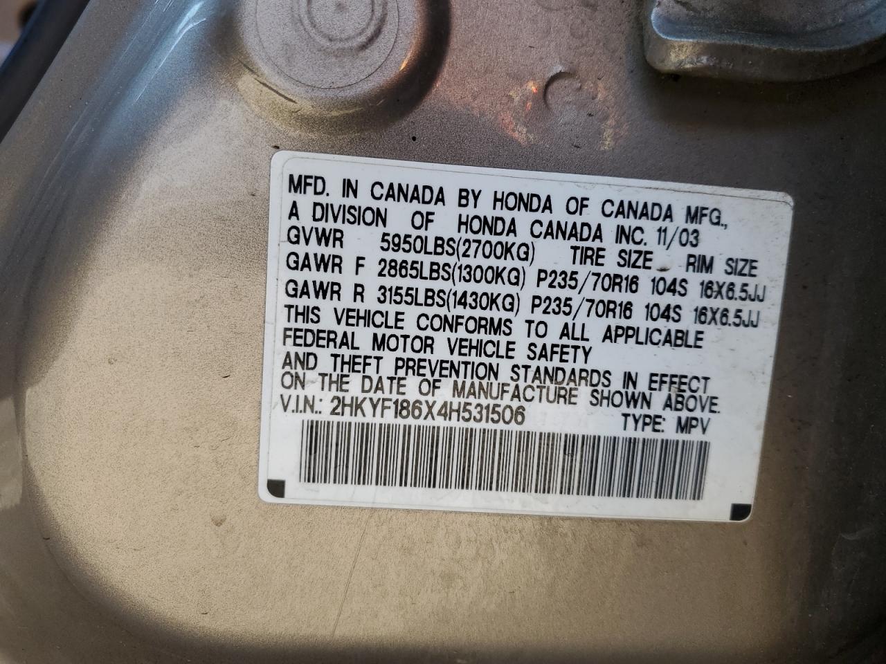 2004 Honda Pilot Exl VIN: 2HKYF186X4H531506 Lot: 83993175