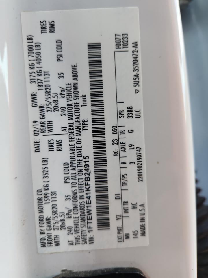 2019 Ford F150 Supercrew VIN: 1FTEW1E41KFB24915 Lot: 70894725