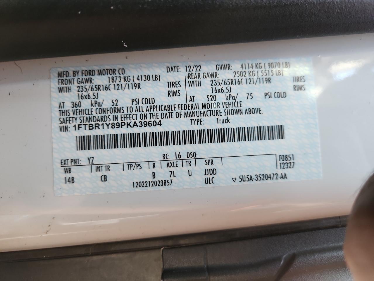 2023 Ford Transit T-250 VIN: 1FTBR1Y89PKA39604 Lot: 80905805