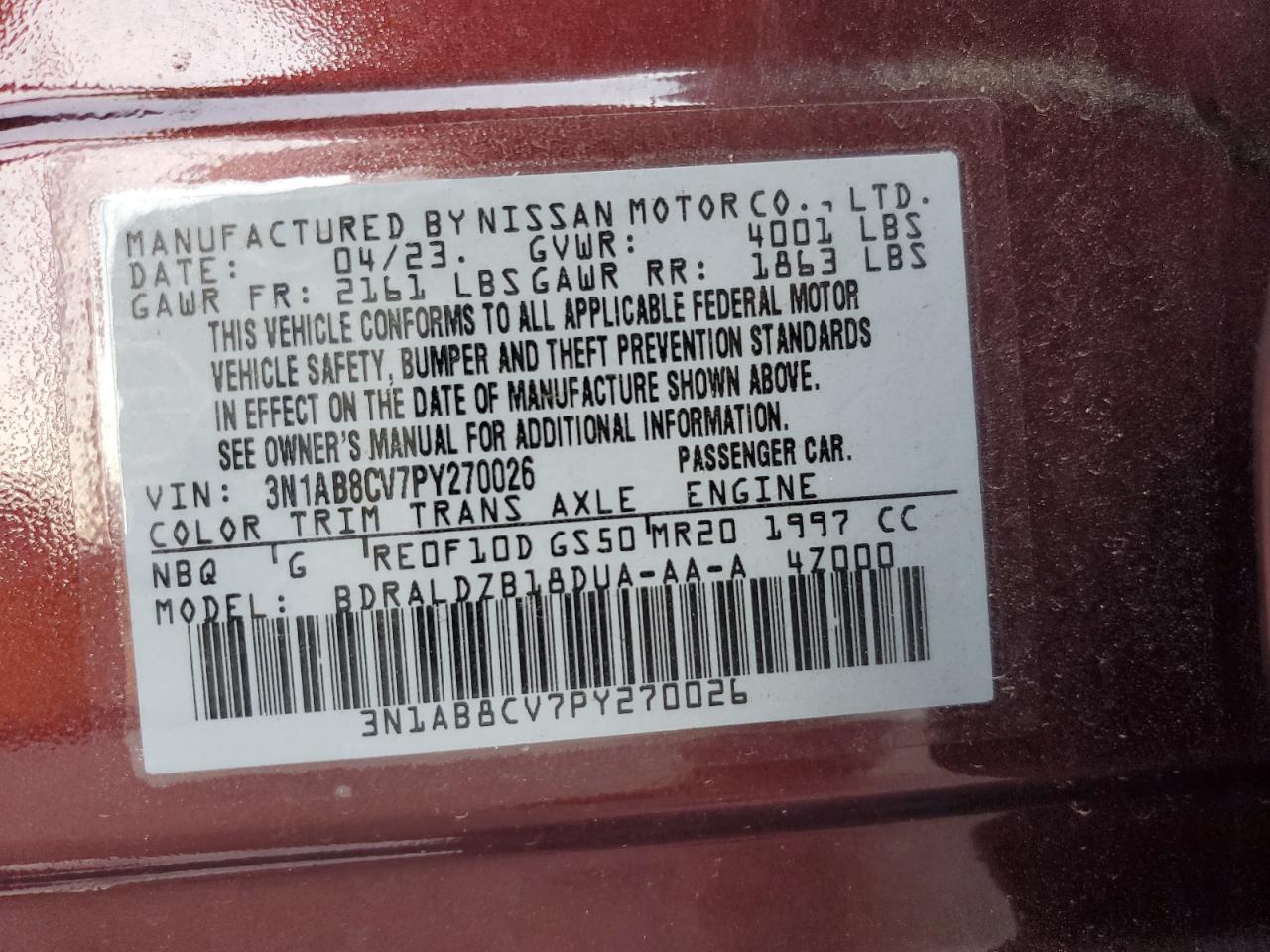 2023 Nissan Sentra Sv VIN: 3N1AB8CV7PY270026 Lot: 81051105