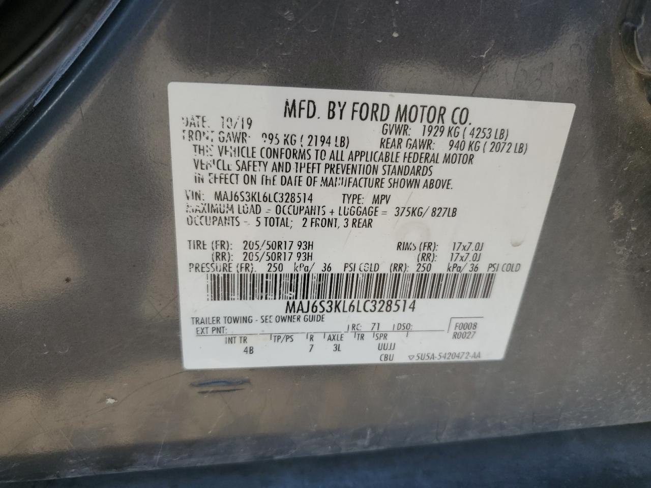 2020 Ford Ecosport Titanium VIN: MAJ6S3KL6LC328514 Lot: 81825935