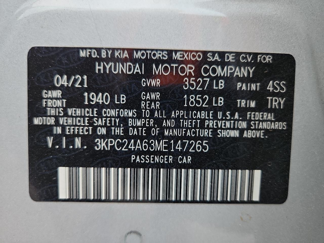 2021 Hyundai Accent Se VIN: 3KPC24A63ME147265 Lot: 71746915