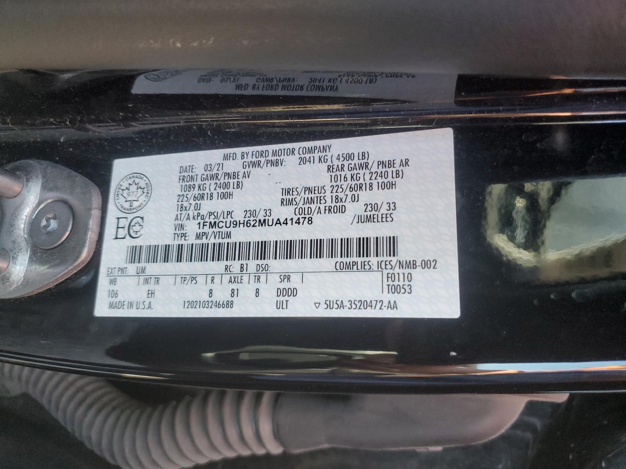 2021 Ford Escape Sel VIN: 1FMCU9H62MUA41478 Lot: 81124775