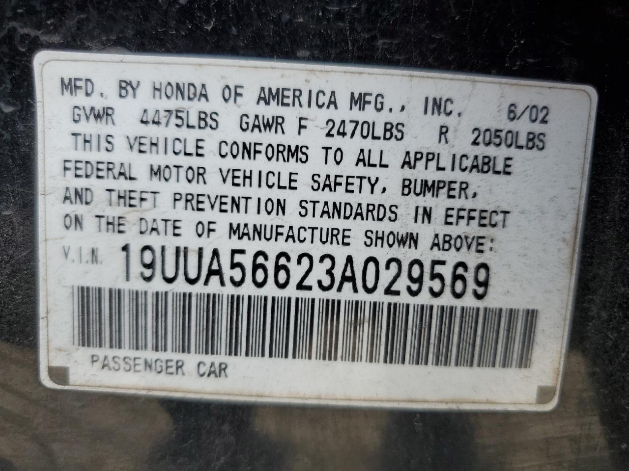 2003 Acura Other VIN: 19UUA56623A029569 Lot: 81848175