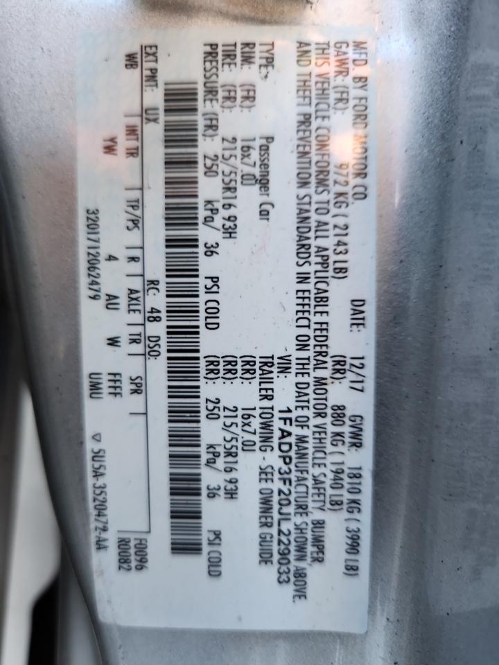 2018 Ford Focus Se VIN: 1FADP3F20JL229033 Lot: 81323145