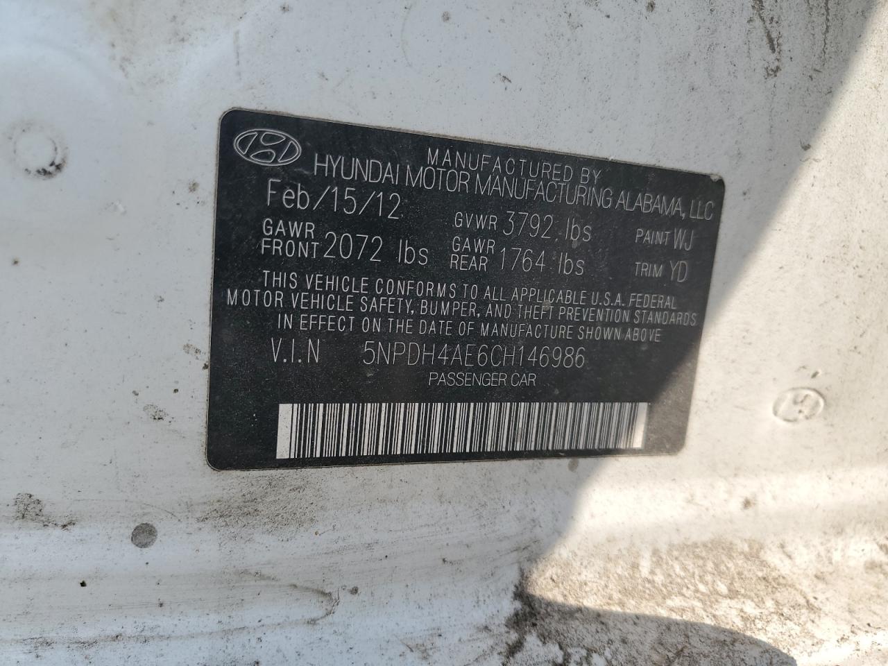 2012 Hyundai Elantra Gls VIN: 5NPDH4AE6CH146986 Lot: 80685535