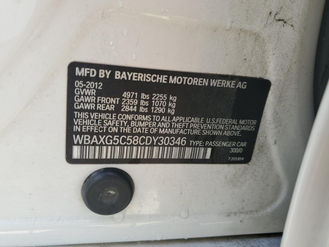 2012 BMW 528 I VIN: WBAXG5C58CDY30346 Lot: 81103035