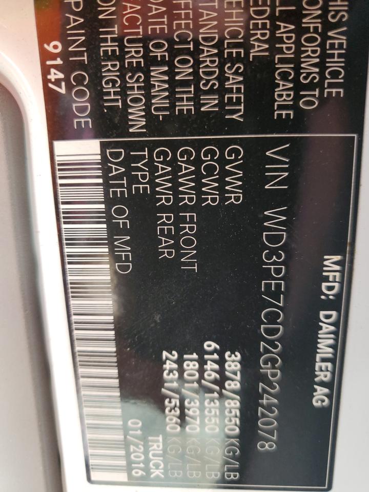 2016 Mercedes-Benz Sprinter 2500 VIN: WD3PE7CD2GP242078 Lot: 80374265