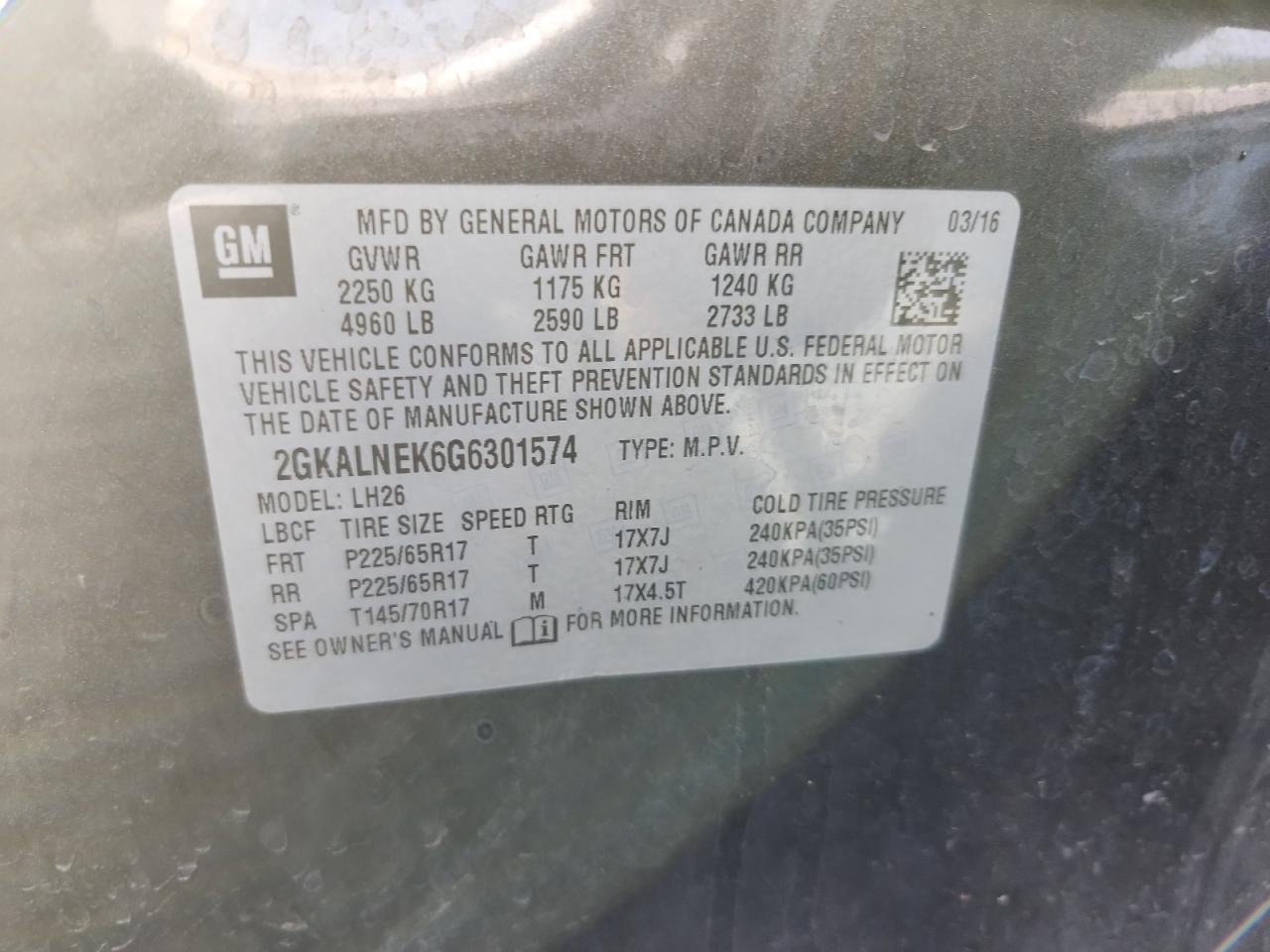 2016 GMC Terrain Sle VIN: 2GKALNEK6G6301574 Lot: 80785865