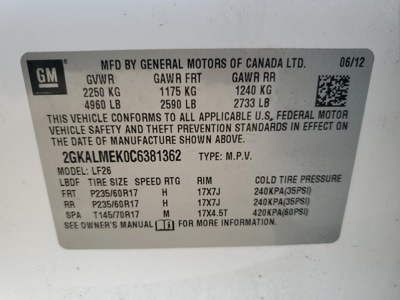 2012 GMC Terrain Sle VIN: 2GKALMEK0C6381362 Lot: 80751905