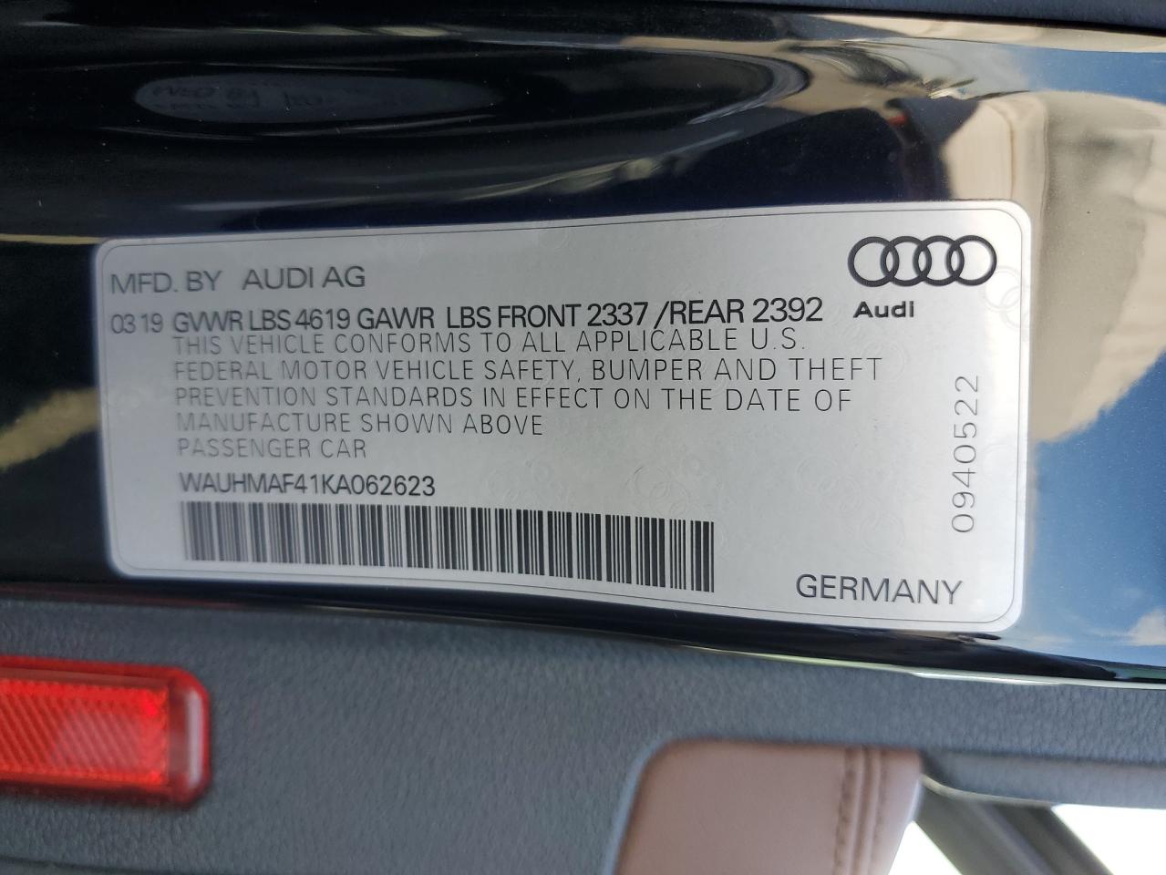 2019 Audi A4 Premium Plus VIN: WAUHMAF41KA062623 Lot: 81765275