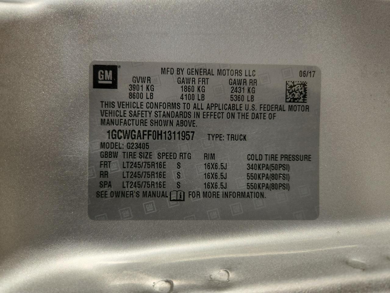 2017 Chevrolet Express G2500 VIN: 1GCWGAFF0H1311957 Lot: 84377285