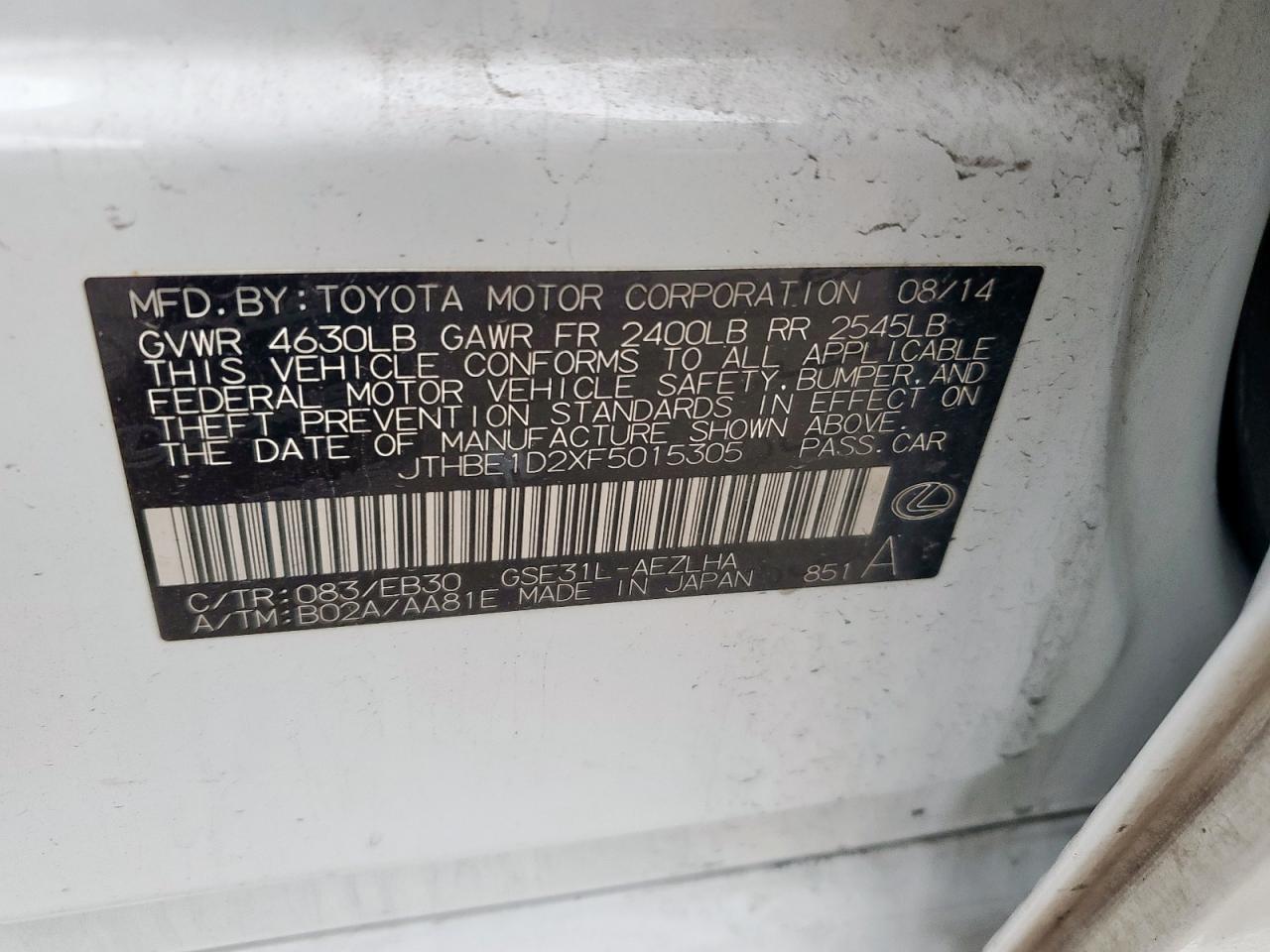 2015 Lexus Is 350 VIN: JTHBE1D2XF5015305 Lot: 71542355