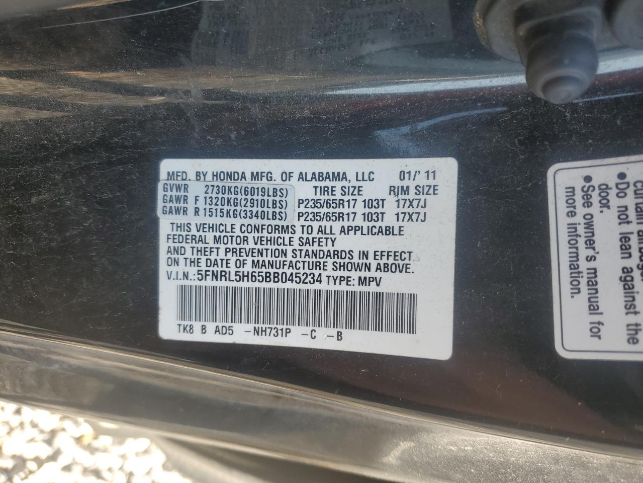 2011 Honda Odyssey Exl VIN: 5FNRL5H65BB045234 Lot: 84605015