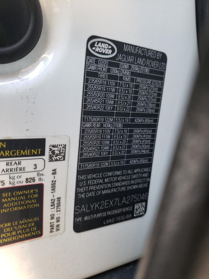 2020 Land Rover Range Rover Velar R-Dynamic S VIN: SALYK2EX7LA275046 Lot: 71195125