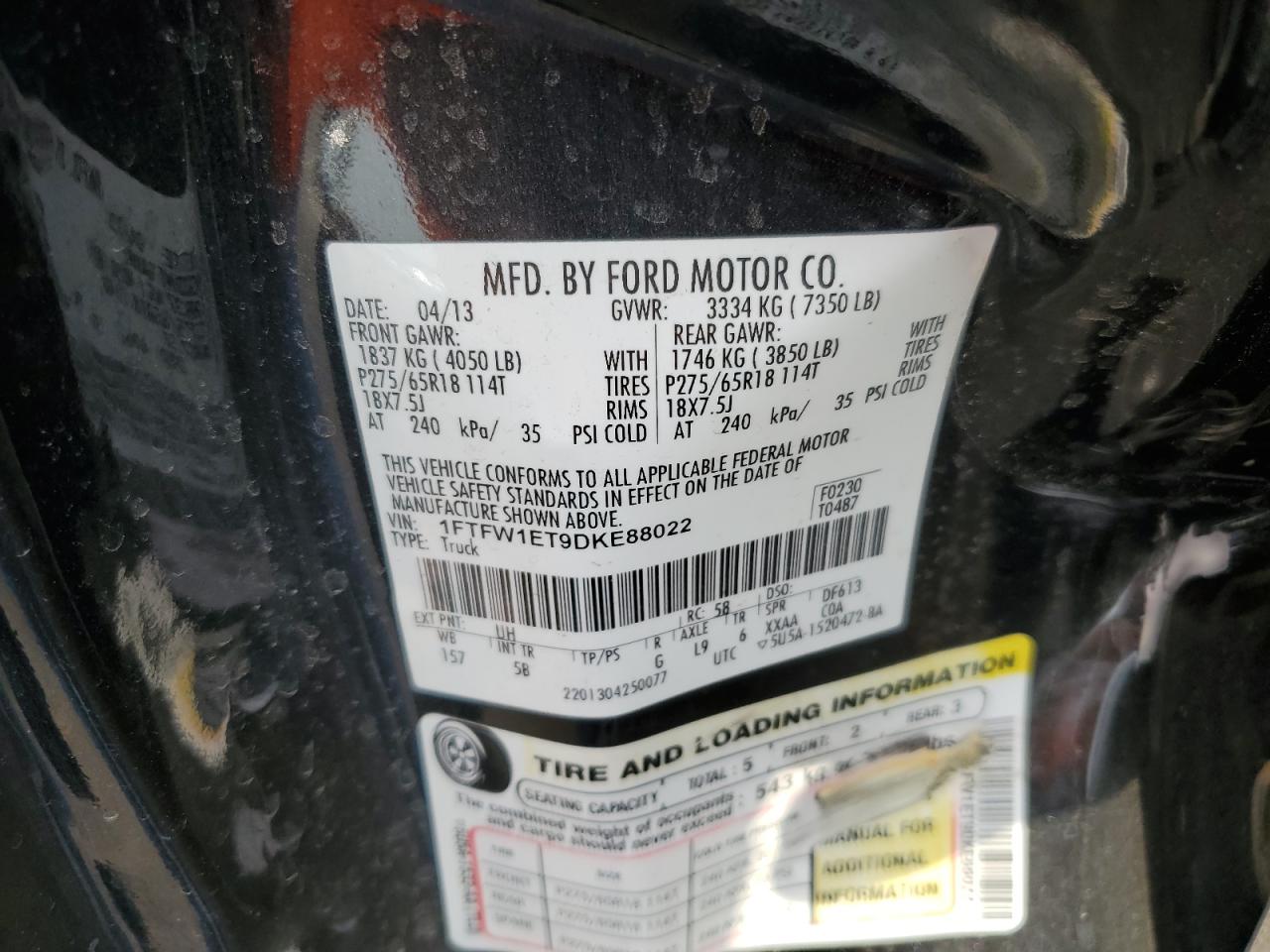 2013 Ford F150 Supercrew VIN: 1FTFW1ET9DKE88022 Lot: 80467955