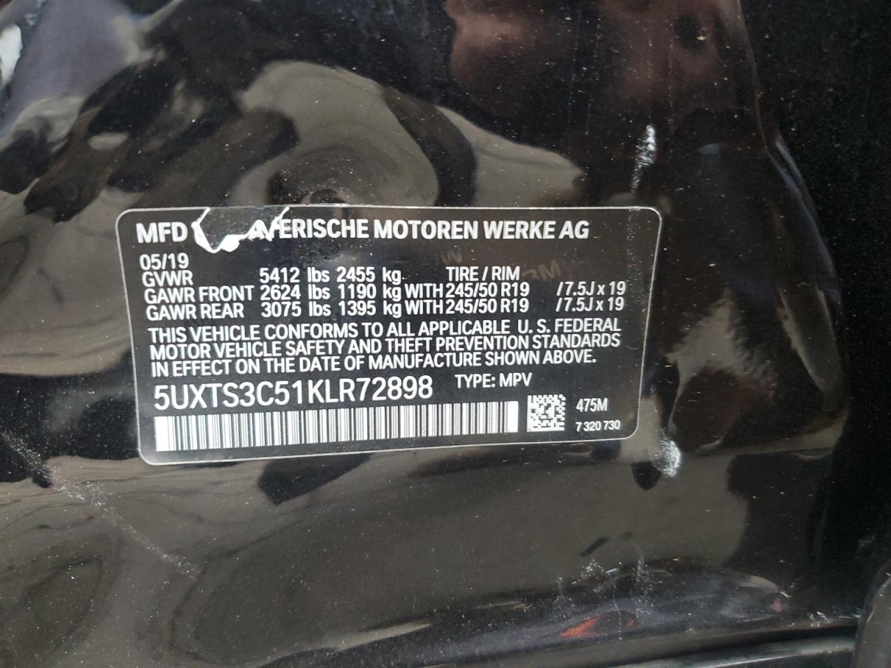 2019 BMW X3 xDrivem40I VIN: 5UXTS3C51KLR72898 Lot: 83885765