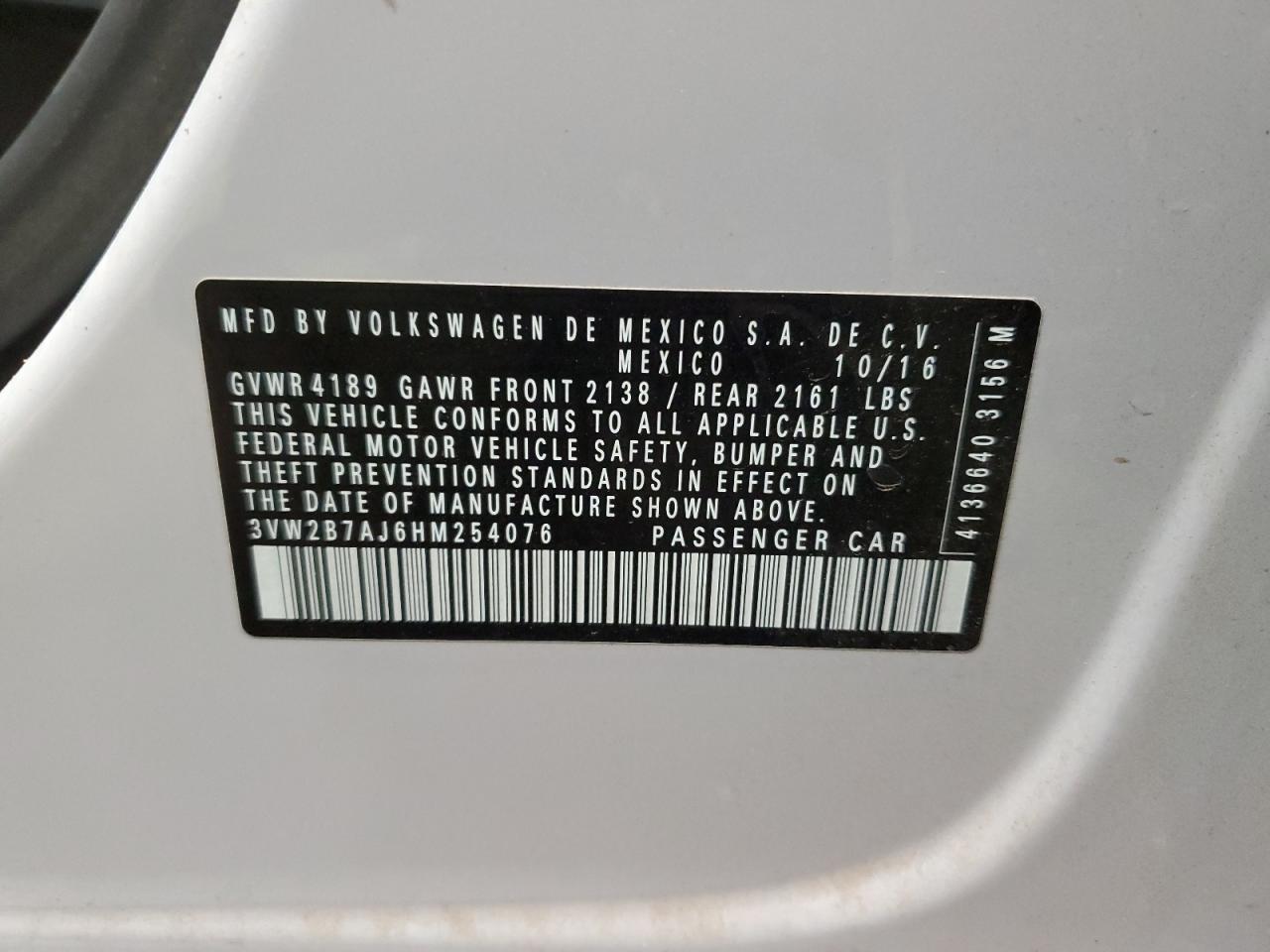 2017 Volkswagen Jetta S VIN: 3VW2B7AJ6HM254076 Lot: 71827265