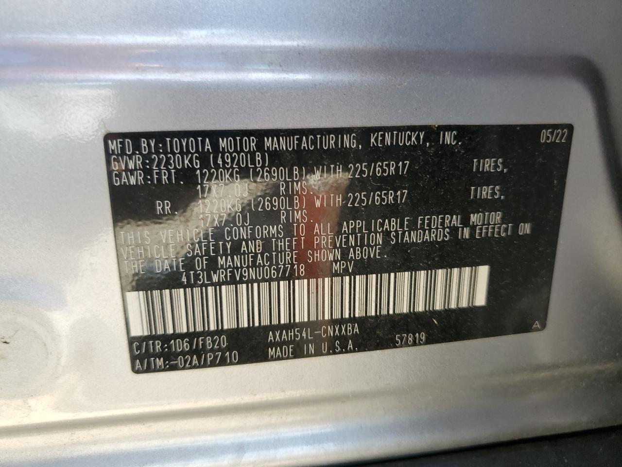 2022 Toyota Rav4 Le VIN: 4T3LWRFV9NU067718 Lot: 80933305