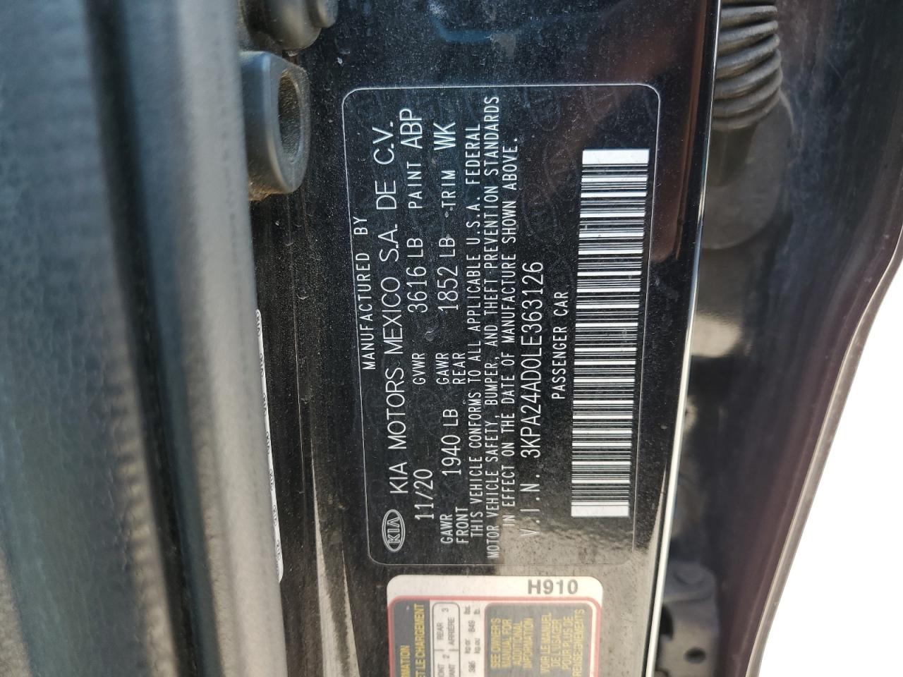 2020 Kia Rio Lx VIN: 3KPA24AD0LE363126 Lot: 80578105