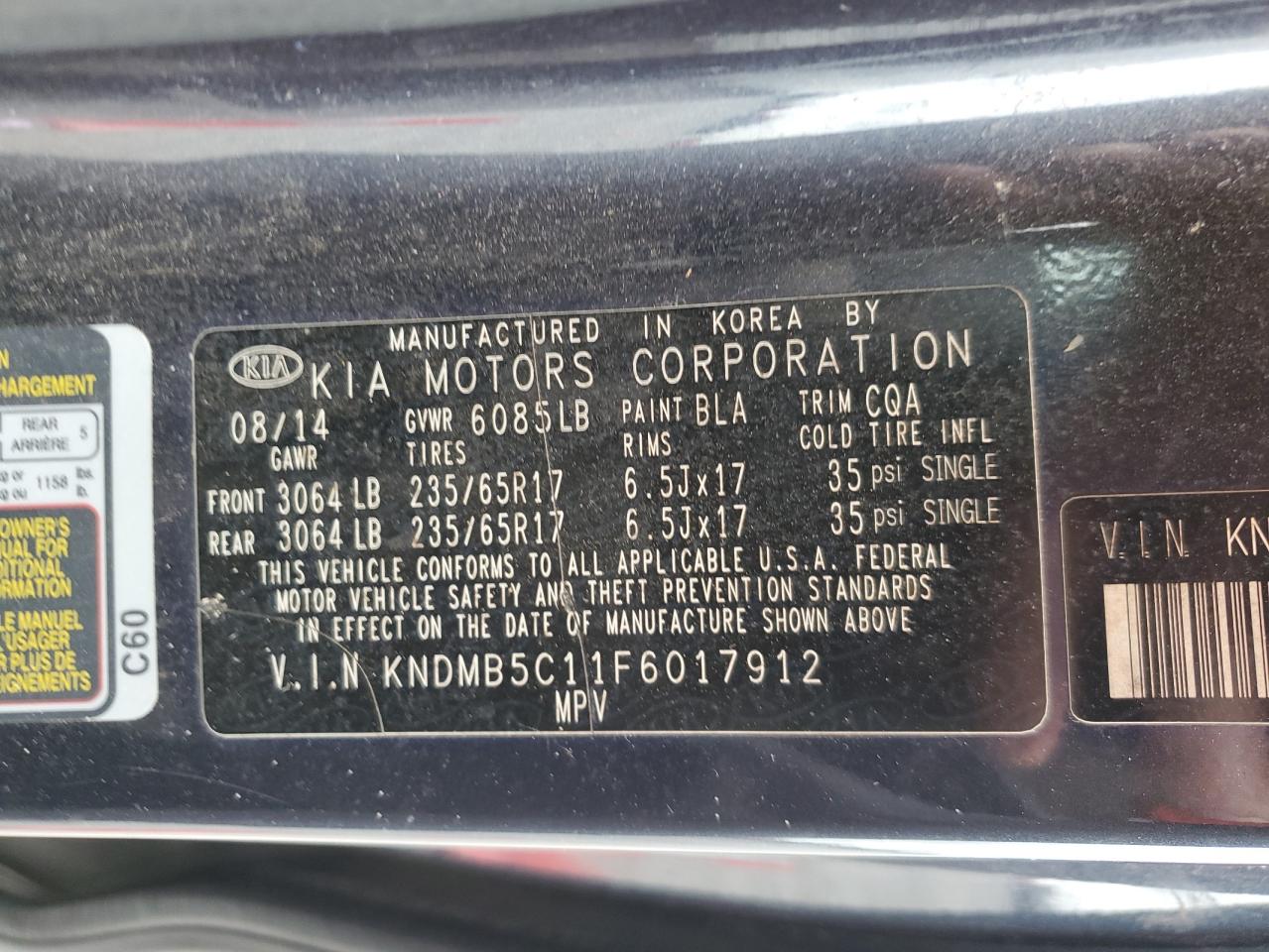 2015 Kia Sedona Lx VIN: KNDMB5C11F6017912 Lot: 83750285