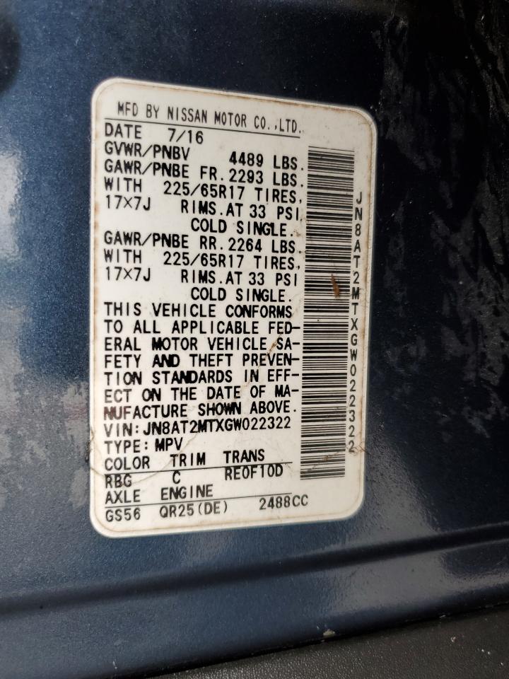 2016 Nissan Rogue S VIN: JN8AT2MTXGW022322 Lot: 84427055