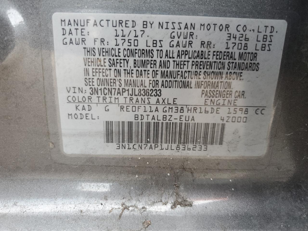 2018 Nissan Versa S VIN: 3N1CN7AP1JL836233 Lot: 83963025