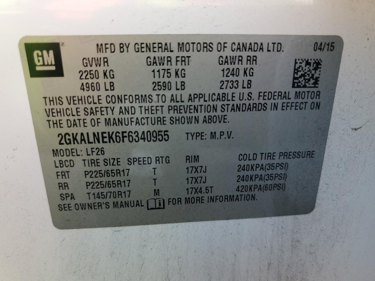 2015 GMC Terrain Sl VIN: 2GKALNEK6F6340955 Lot: 81490555