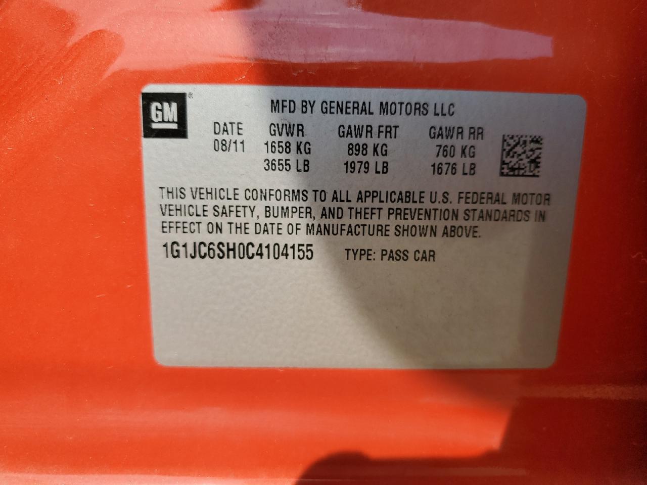 2012 Chevrolet Sonic Lt VIN: 1G1JC6SH0C4104155 Lot: 80247735