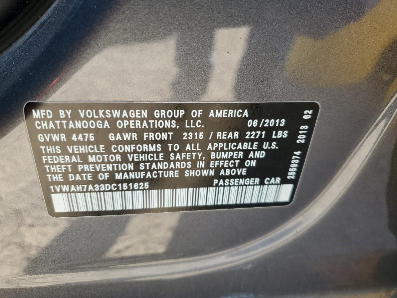 2013 Volkswagen Passat S VIN: 1VWAH7A33DC151625 Lot: 70725465