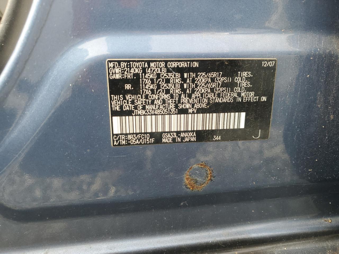 2008 Toyota Rav4 VIN: JTMBK33V485051351 Lot: 84381865