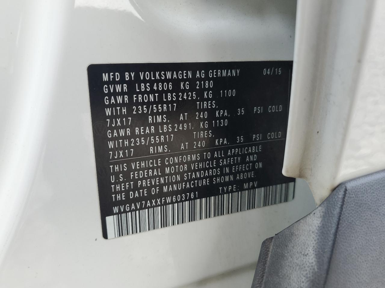 2015 Volkswagen Tiguan S VIN: WVGAV7AXXFW603761 Lot: 80484765