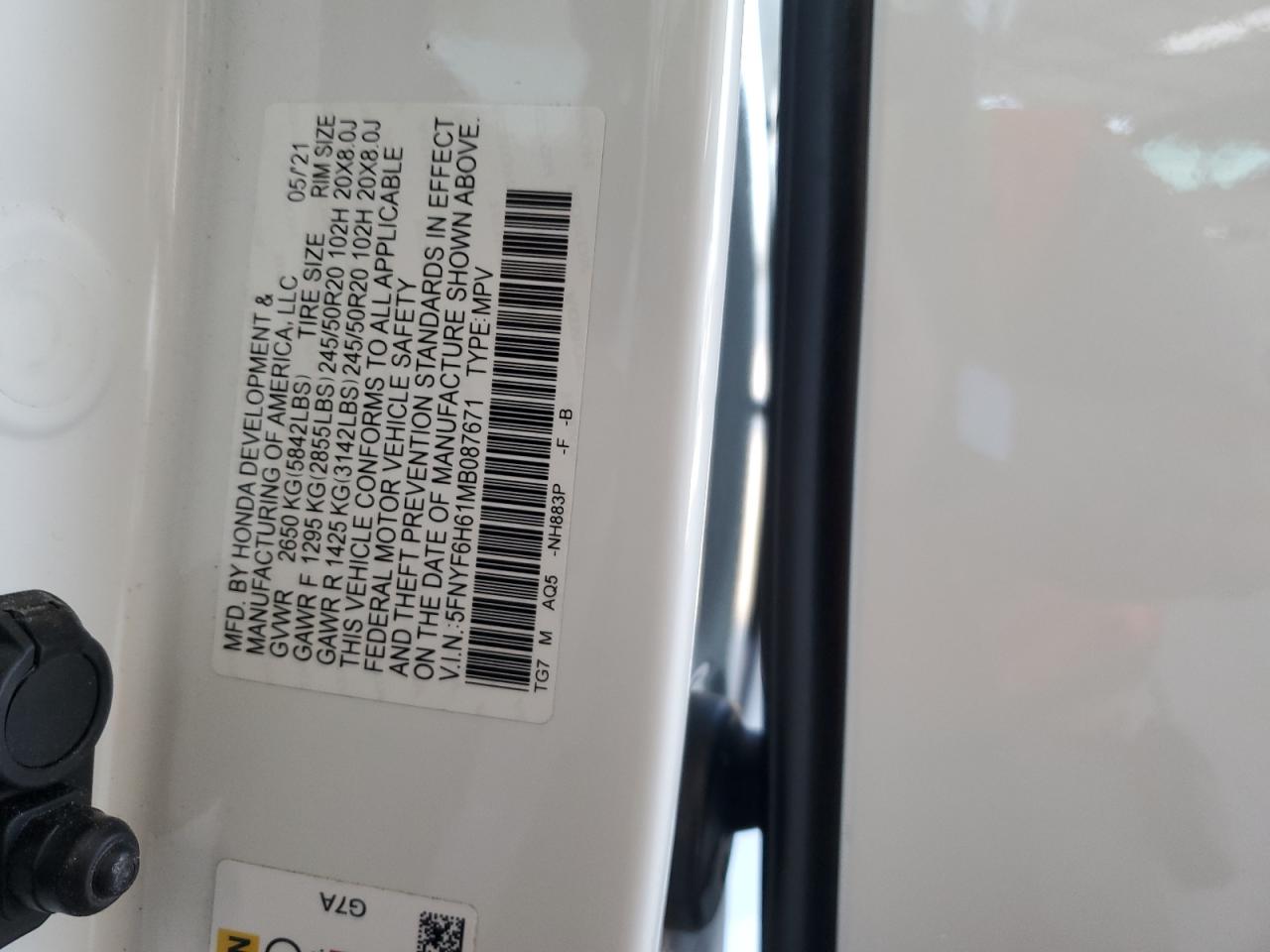 2021 Honda Pilot Touring VIN: 5FNYF6H61MB087671 Lot: 81225985