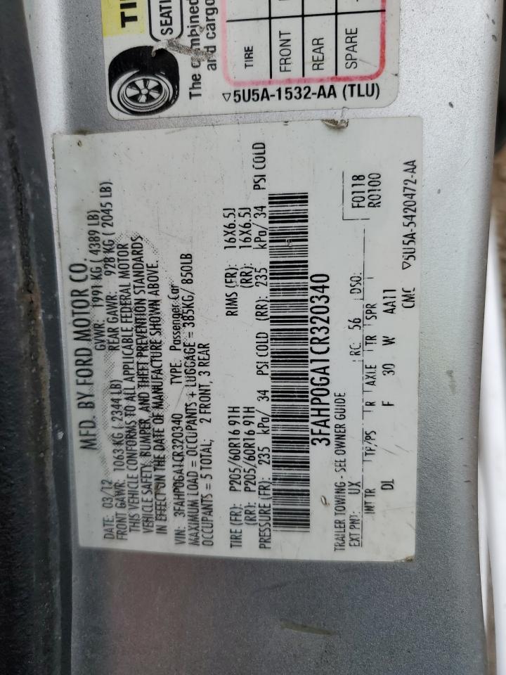 2012 Ford Fusion S VIN: 3FAHP0GA1CR320340 Lot: 81050675