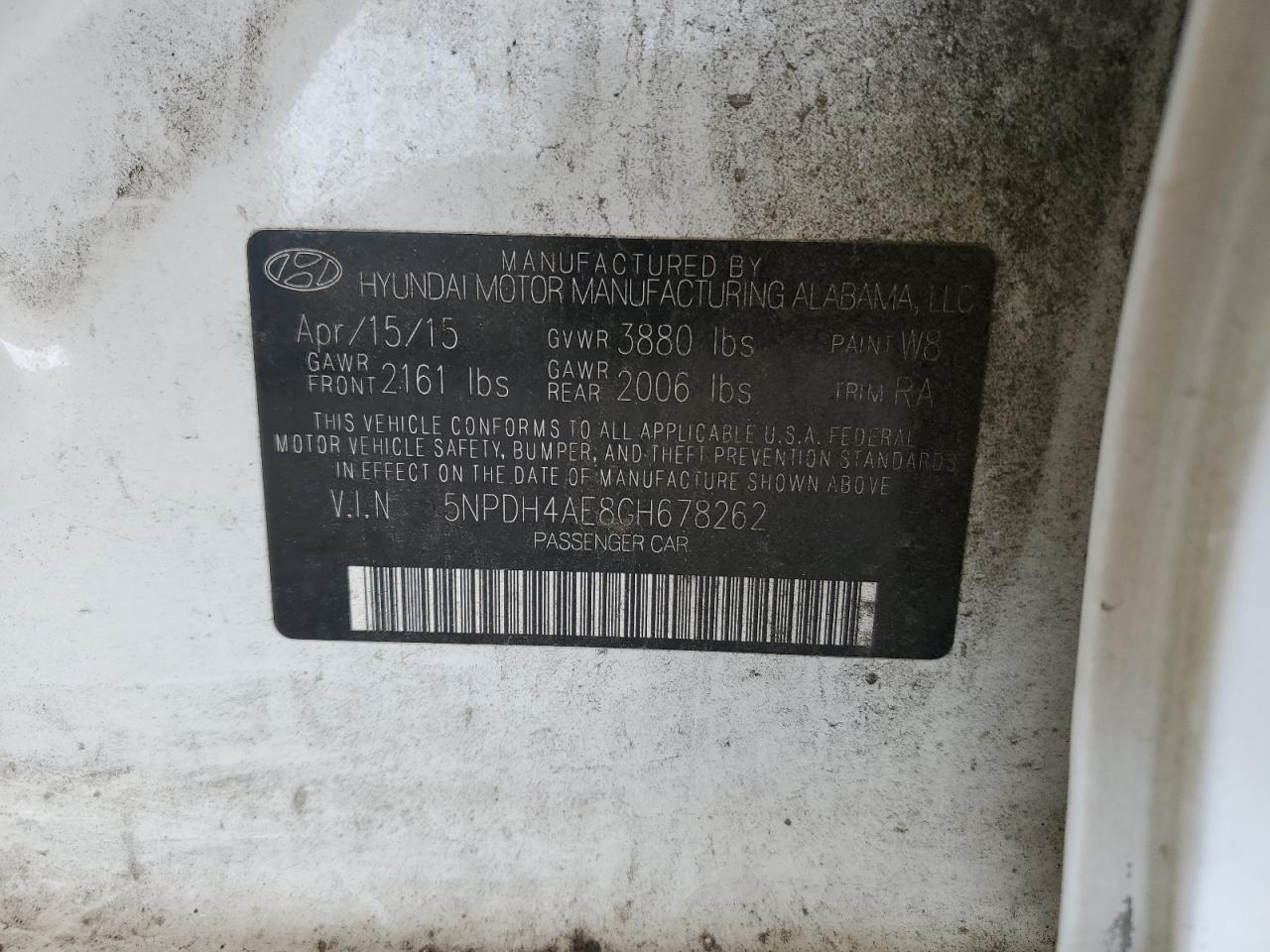 2016 Hyundai Elantra Se VIN: 5NPDH4AE8GH678262 Lot: 81745255