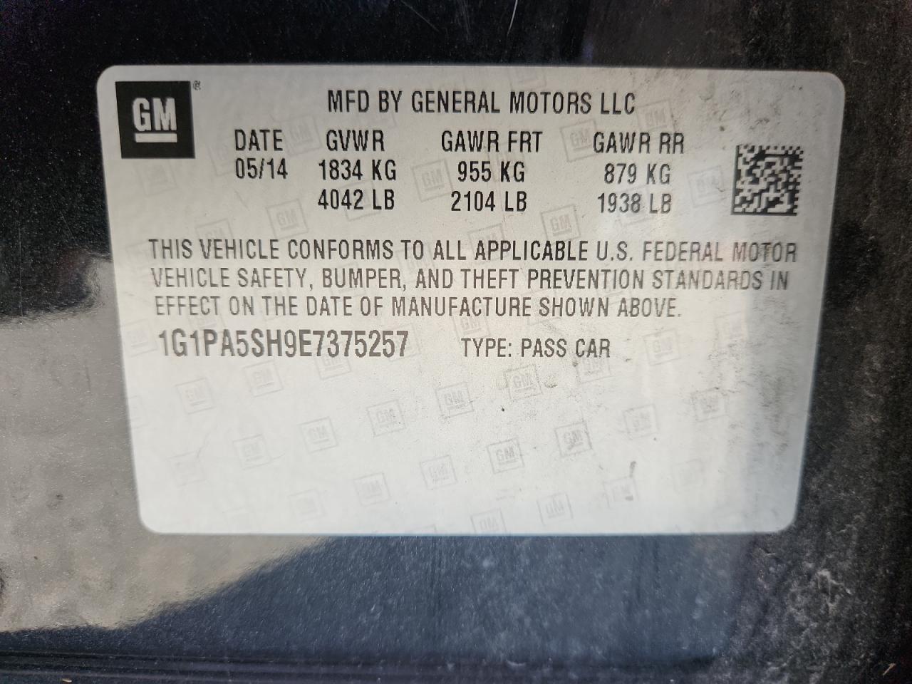 2014 Chevrolet Cruze Ls VIN: 1G1PA5SH9E7375257 Lot: 84592855