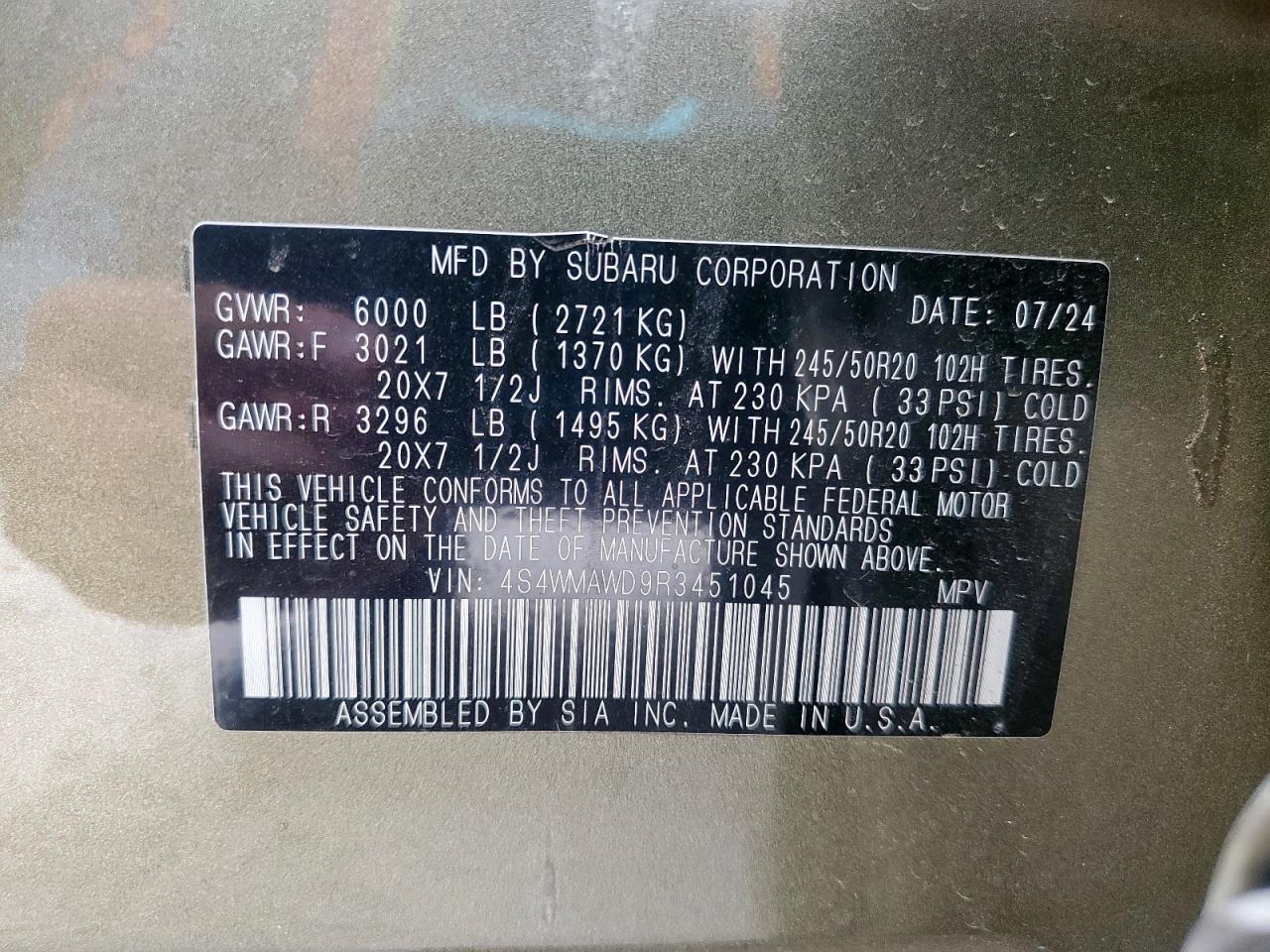 2024 Subaru Ascent Touring VIN: 4S4WMAWD9R3451045 Lot: 83994225