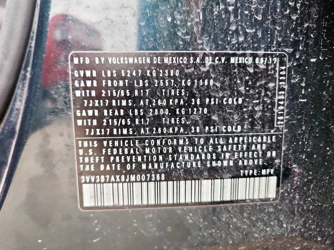 2018 Volkswagen Tiguan Se VIN: 3VV3B7AX8JM007368 Lot: 71910475