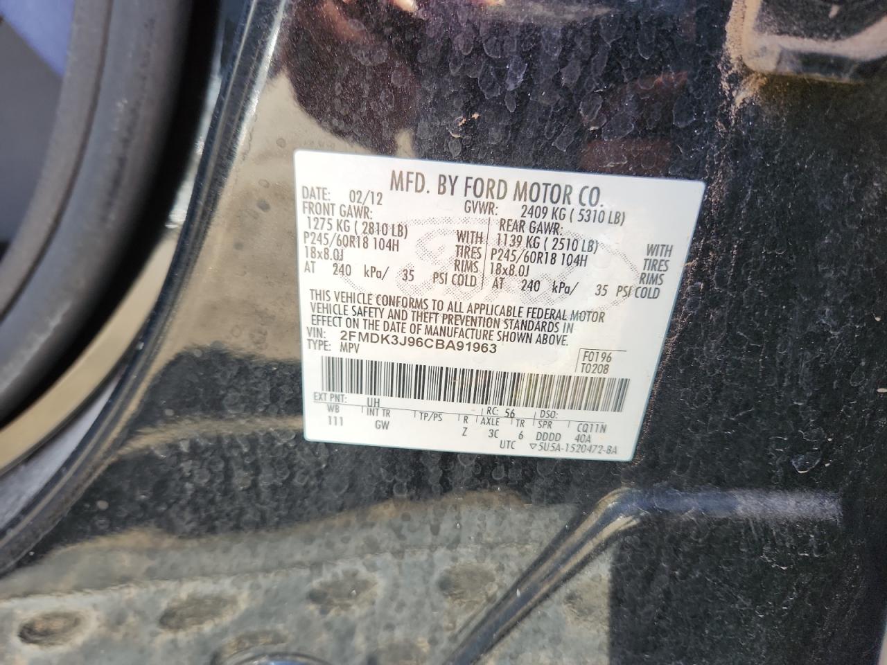 2012 Ford Edge Sel VIN: 2FMDK3J96CBA91963 Lot: 80299715