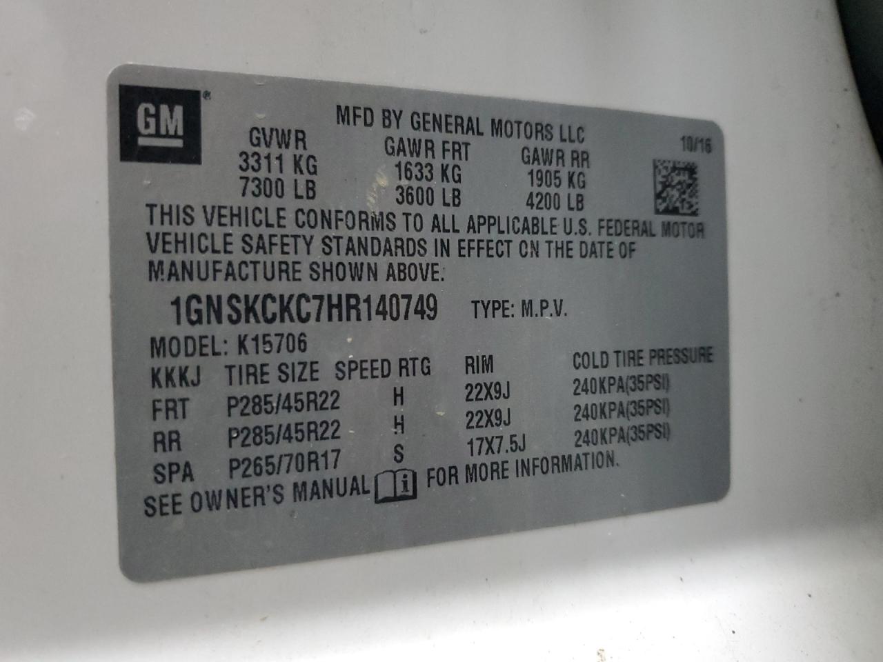 2017 Chevrolet Tahoe K1500 Premier VIN: 1GNSKCKC7HR140749 Lot: 70206795