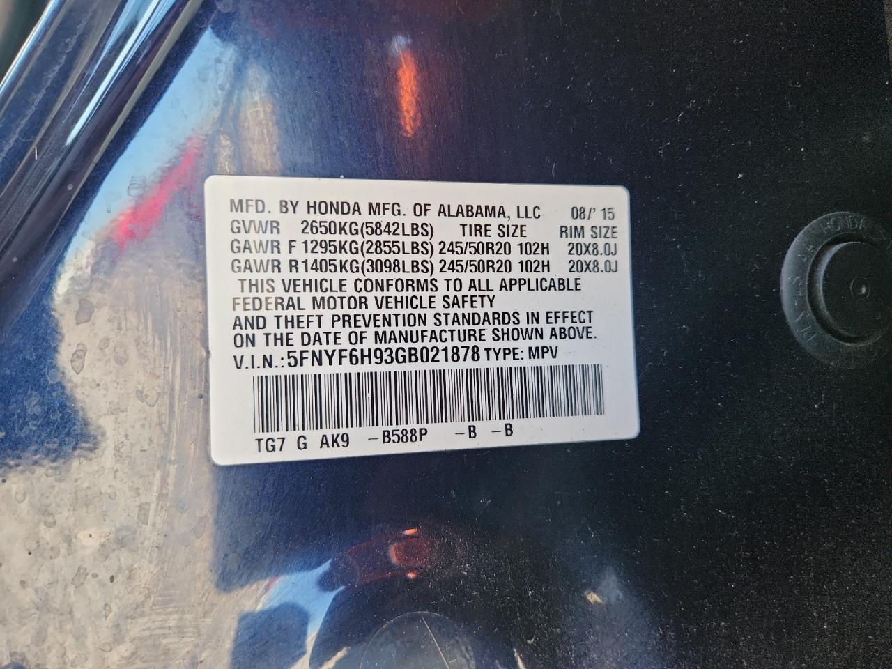 2016 Honda Pilot Touring VIN: 5FNYF6H93GB021878 Lot: 81119755