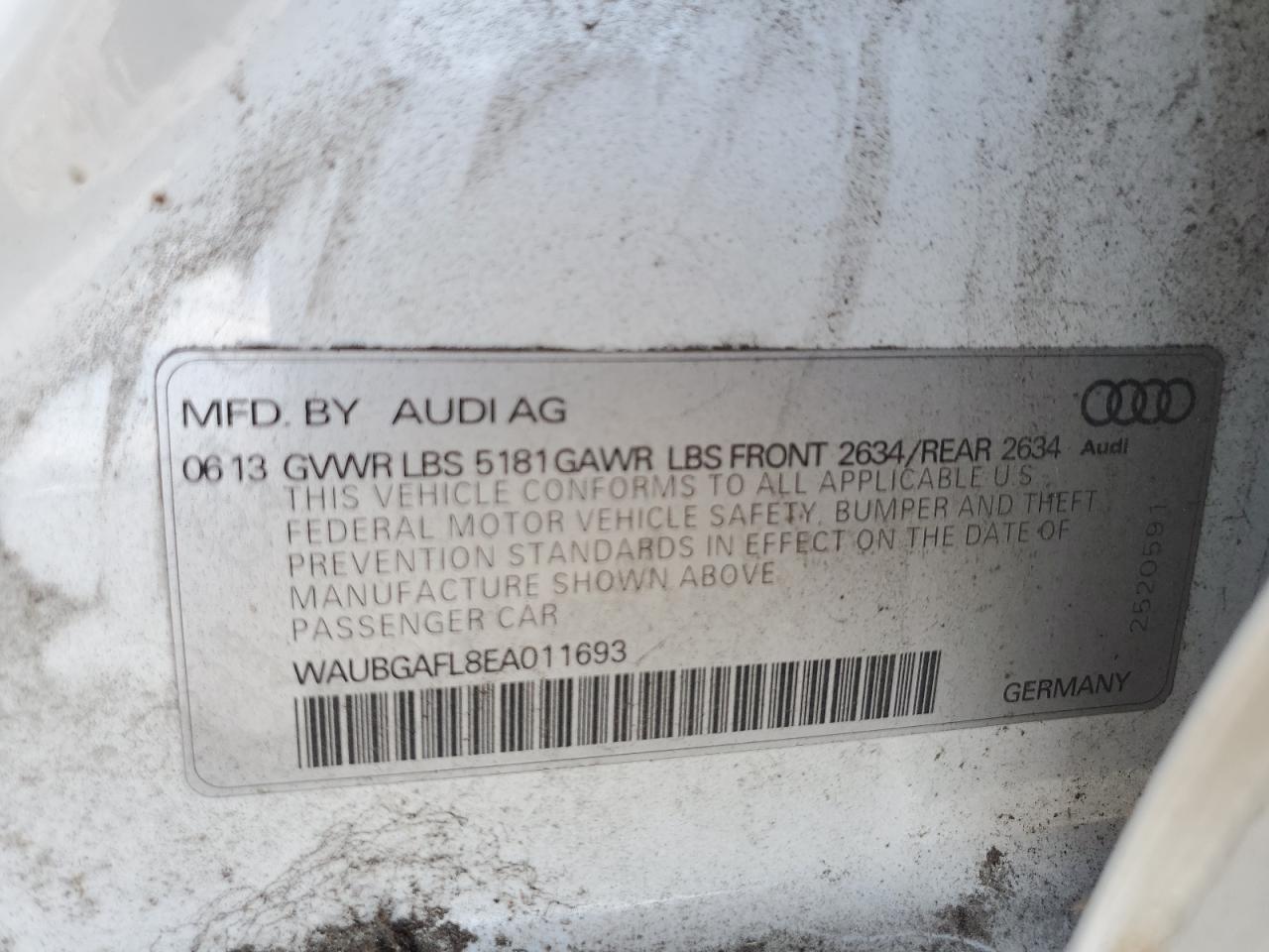 2014 Audi S4 Premium Plus VIN: WAUBGAFL8EA011693 Lot: 81469995