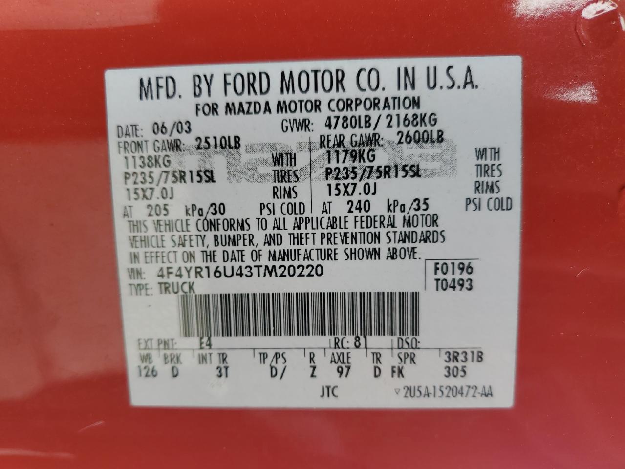 2003 Mazda B3000 Cab Plus VIN: 4F4YR16U43TM20220 Lot: 81963265