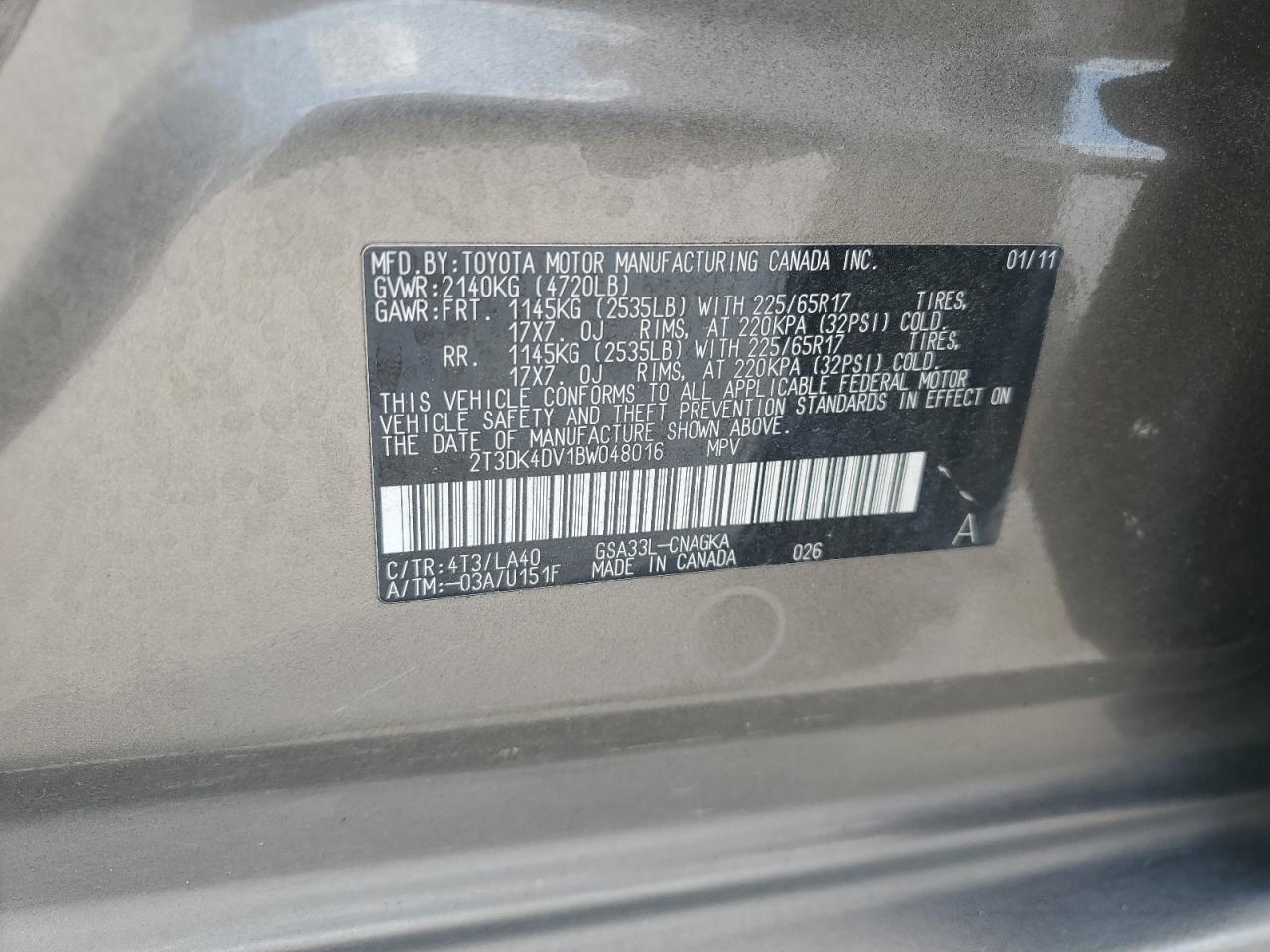 2011 Toyota Rav4 Limited VIN: 2T3DK4DV1BW048016 Lot: 80518125