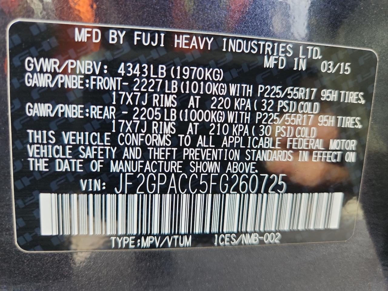 2015 Subaru Xv Crosstrek 2.0 Premium VIN: JF2GPACC5FG260725 Lot: 84429545