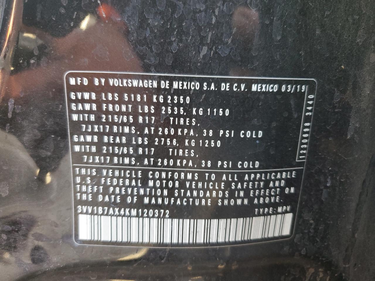 2019 Volkswagen Tiguan S VIN: 3VV1B7AX4KM120372 Lot: 70680845