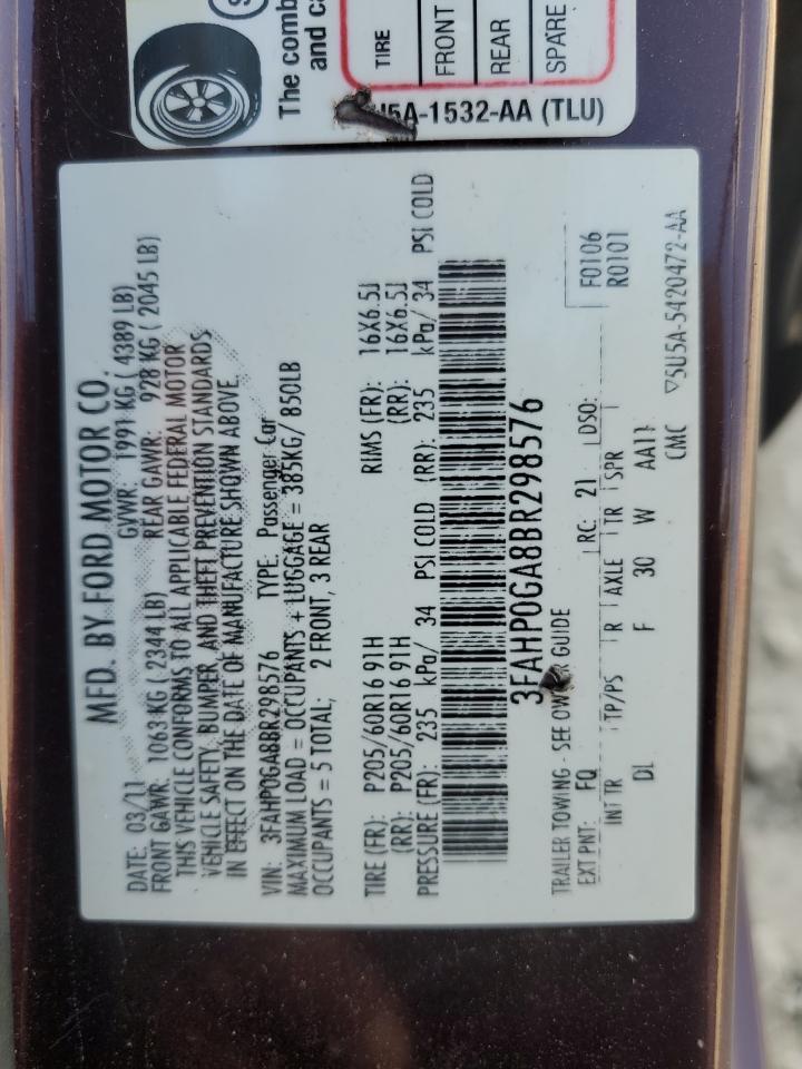 2011 Ford Fusion S VIN: 3FAHP0GA8BR298576 Lot: 81899885