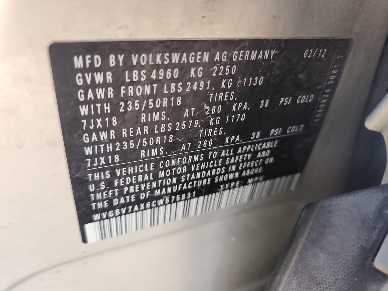 2012 Volkswagen Tiguan S VIN: WVGBV7AX6CW575831 Lot: 80862385