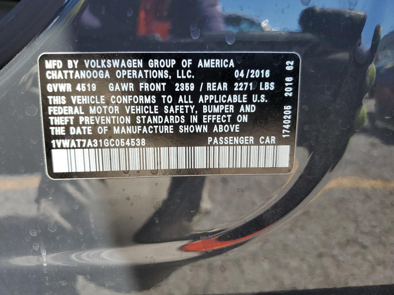 2016 Volkswagen Passat S VIN: 1VWAT7A31GC054538 Lot: 83987055